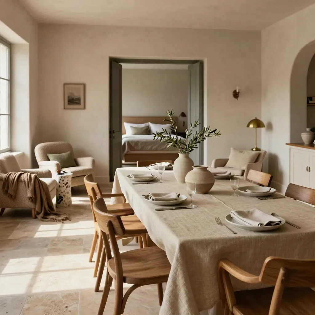 Esszimmer einer Villa mit langem Tisch, Loungesesseln und offenen Schlafzimmertüren im Warmlicht