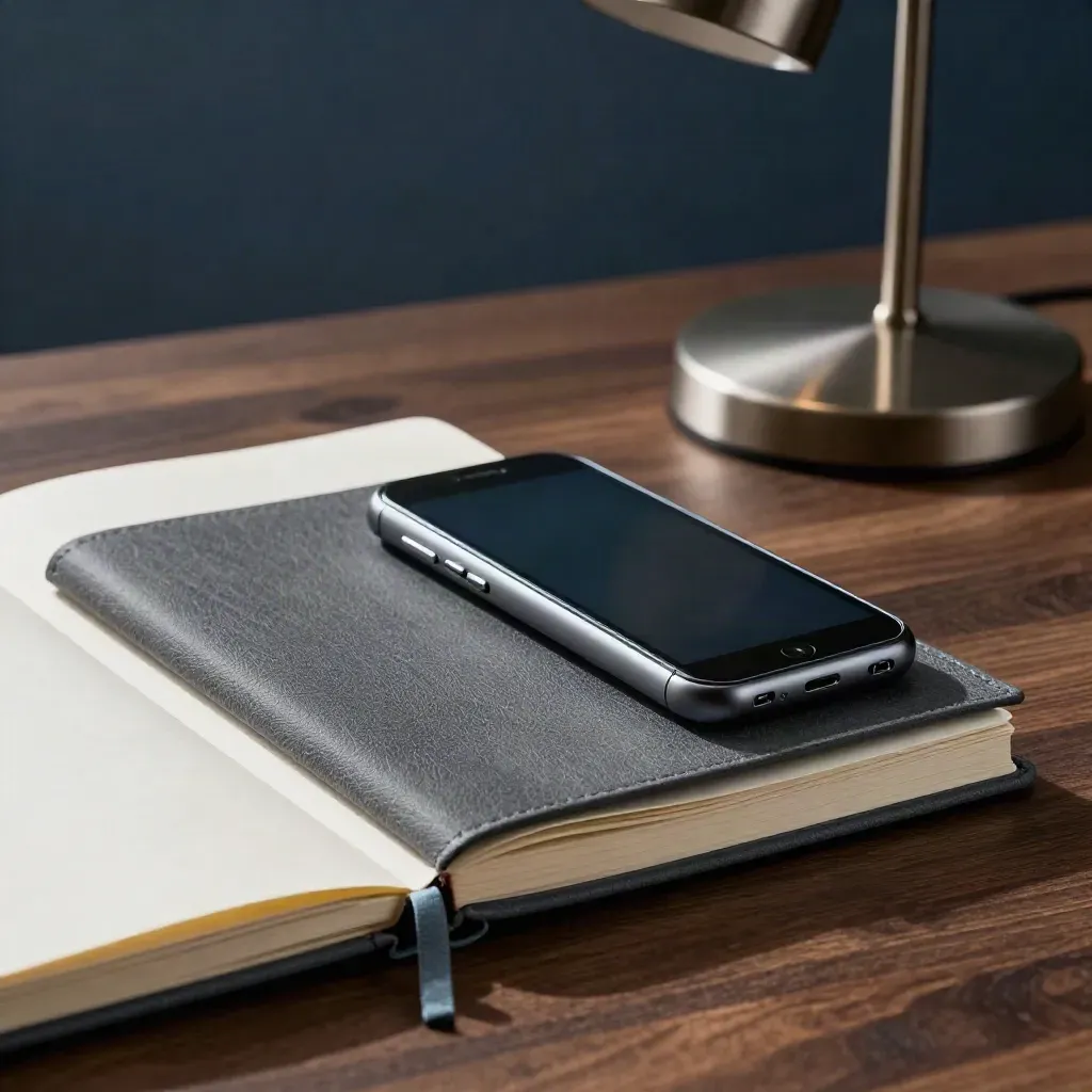 Notizbuch, schnurloses Telefon, Ordner und Lampe auf dunklem Holz im dramatischen Licht