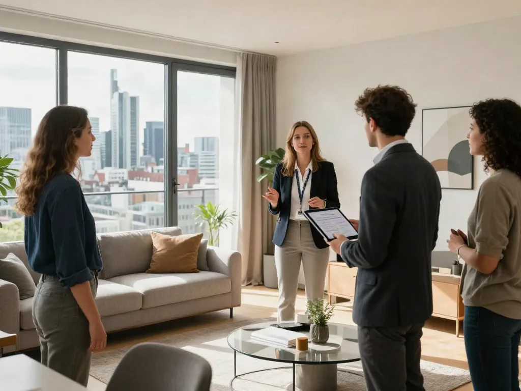 Bester Immobilienmakler Frankfurt zeigt modernem Apartment in Frankfurt mit potenziellen Käufern.